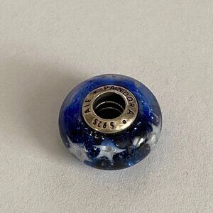 Authentic Pandora Midnight Blue Stars Murano Glass Bead Charm White 925 ALE